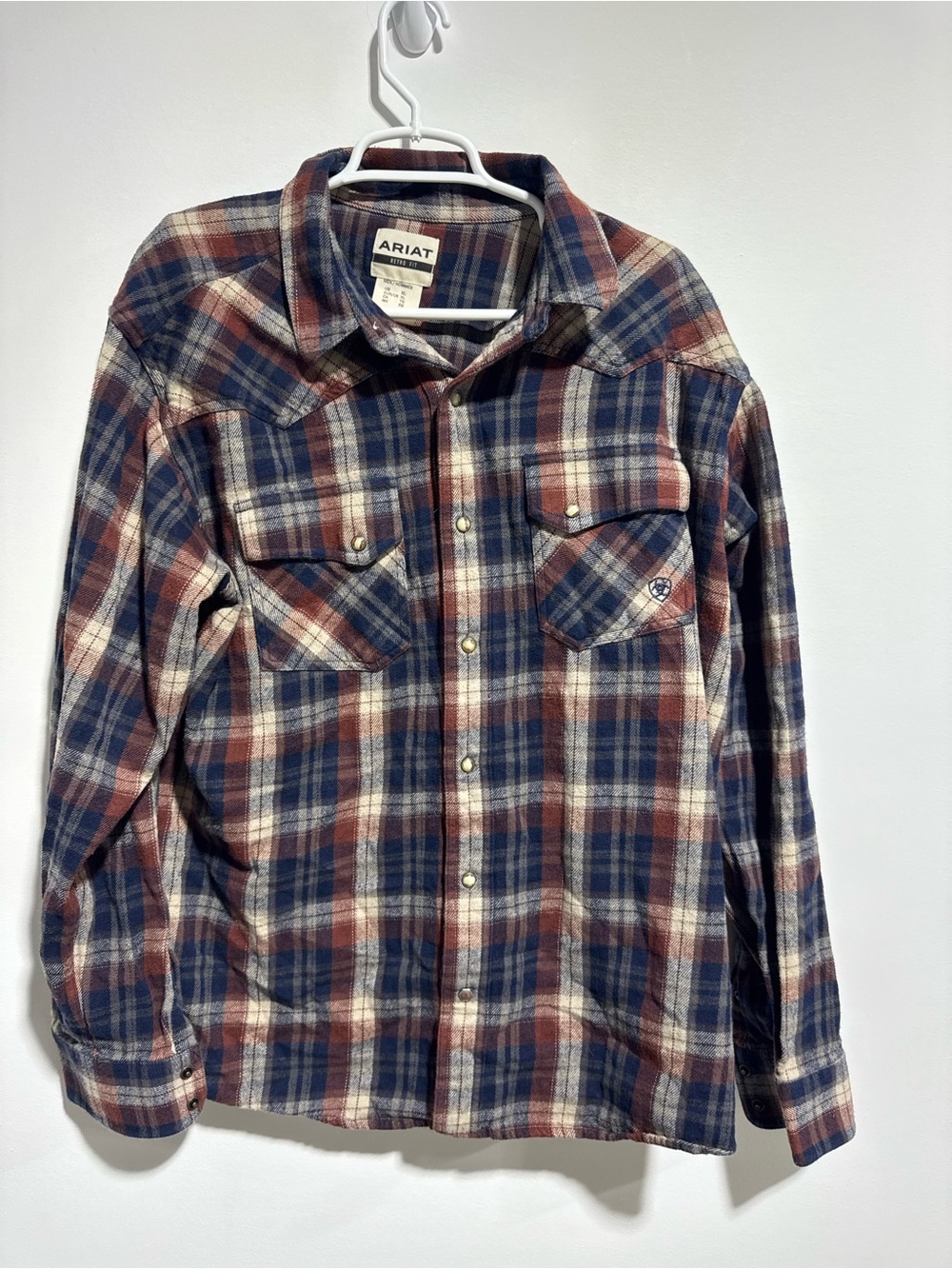 Ariat Men’s Red & Blue Plaid Flannel Shirt Pearl Snap XL